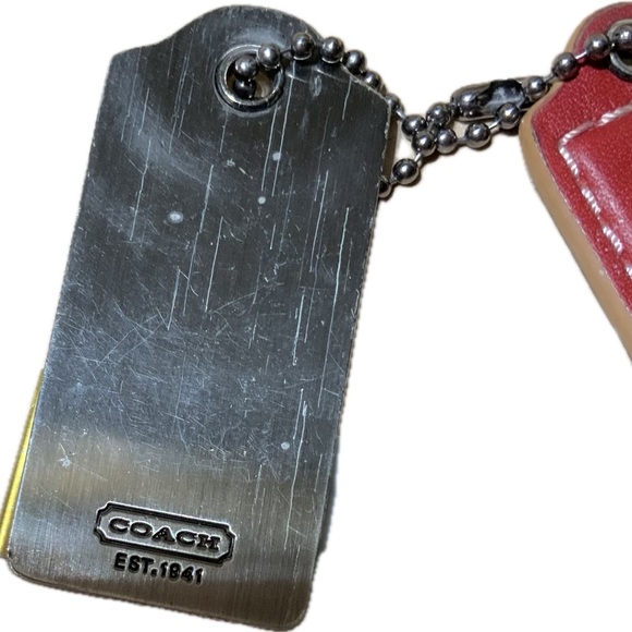 COACH 2 SILVER TONE NICKEL FOB BAG CHARM KEYCHAIN 2 HANG TAGS and RED LEATHER Ta - Picture 7 of 8